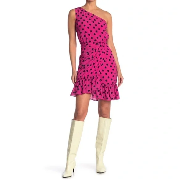 10 Crosby Derek Lam NWT Taula One Shoulder Ruffle Hem Dress Pink Polka Dots New - Picture 11 of 11